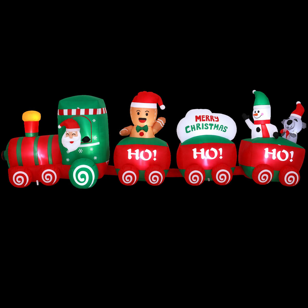 Inflatable Santa train Christmas decoration with green engine and red HO HO HO cars
