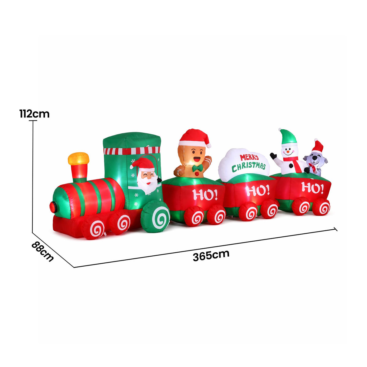 Inflatable Santa train decoration with green engine, elf and snowman figures, wide view