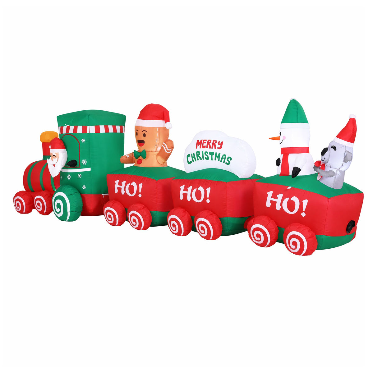 Inflatable Christmas train with green engine, red HO HO HO cars, and Santa and snowman