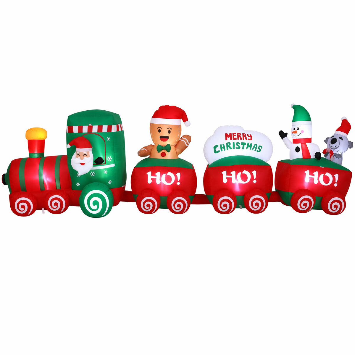 Inflatable Santa train Christmas decoration with red and green character cars and LED glow