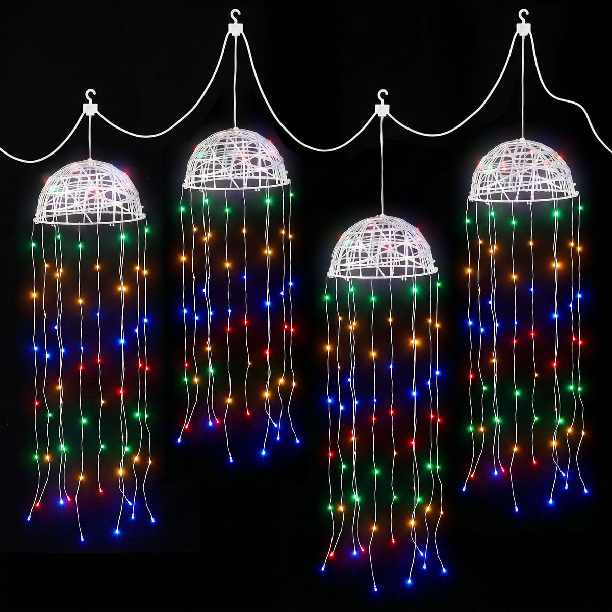 Solar jellyfish string lights with four white dome lanterns and multicolor LED tentacles