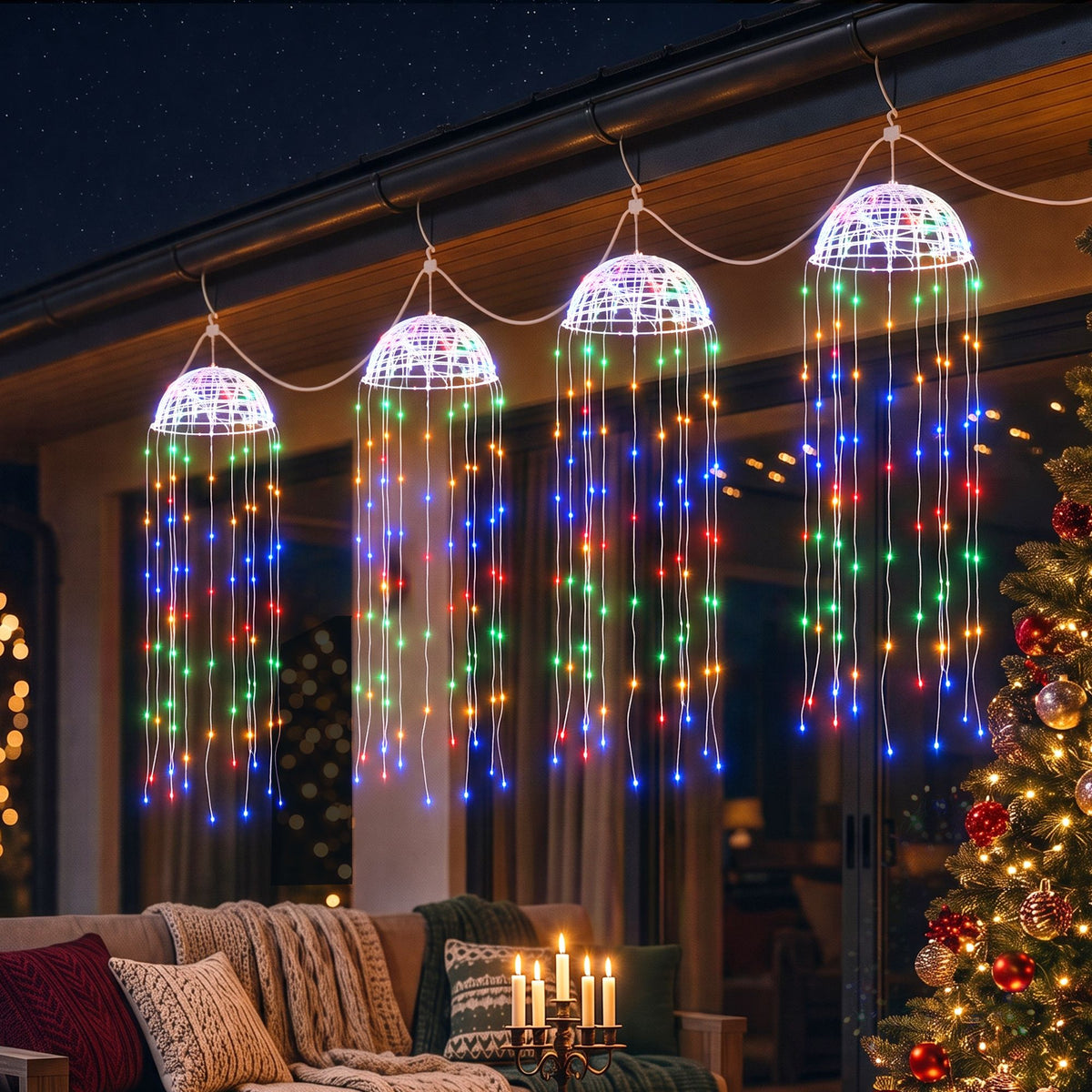 Four solar jellyfish lights hanging on an outdoor porch, multicolor LED tentacle strands