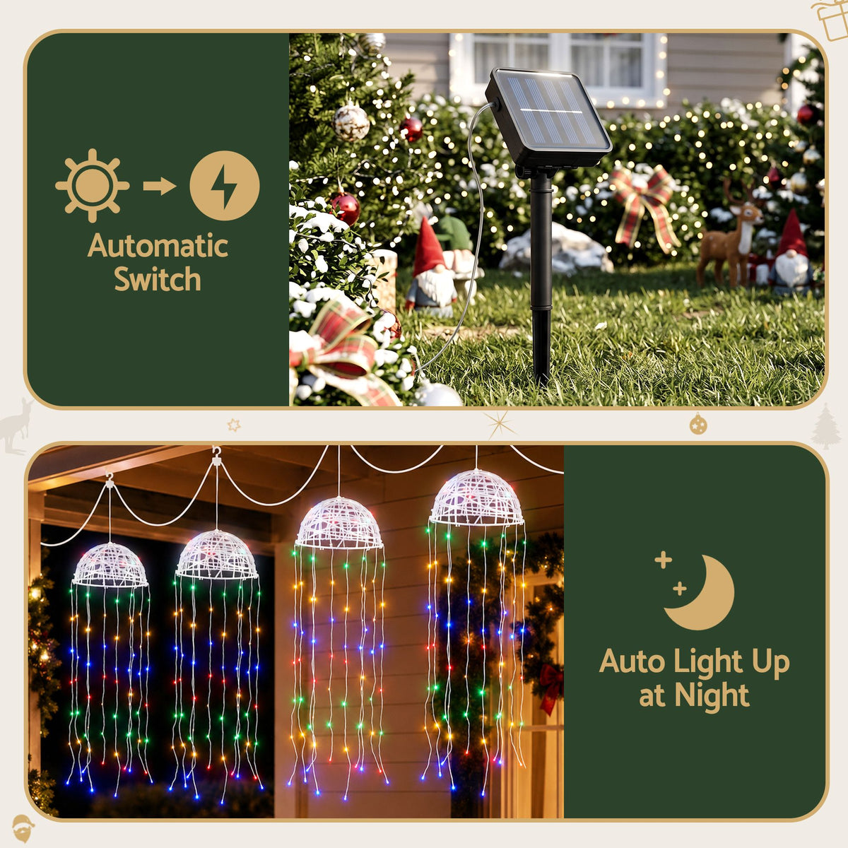 Set of four solar jellyfish lights with multicolor LED tentacles and solar panel