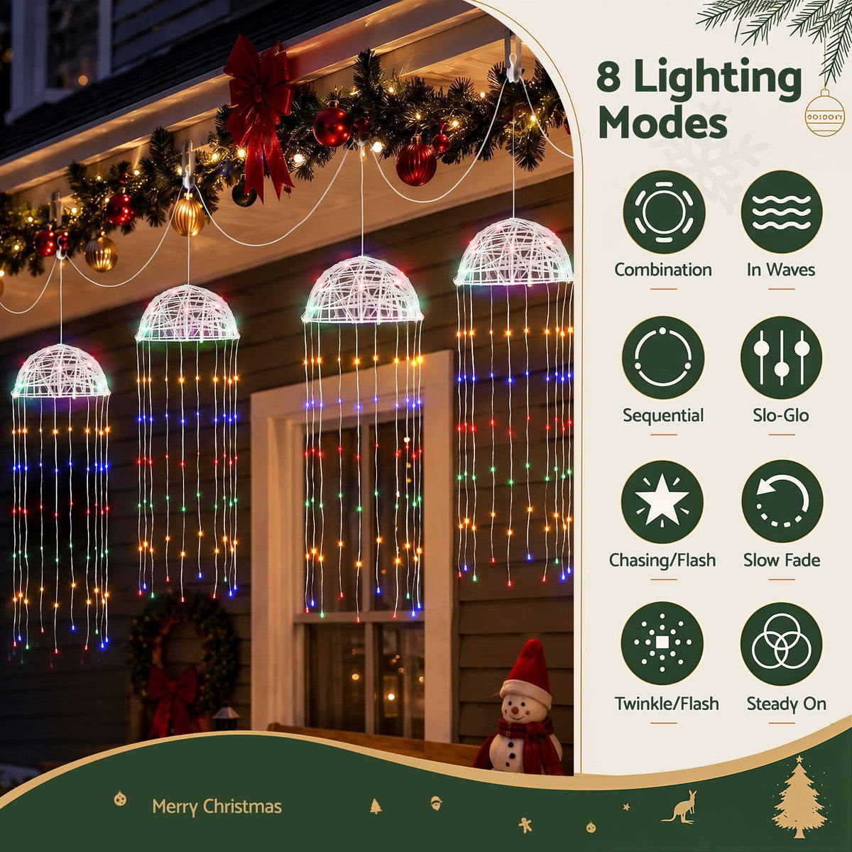 Solar jellyfish lights with four white dome lanterns and multicolor LED tentacle strands
