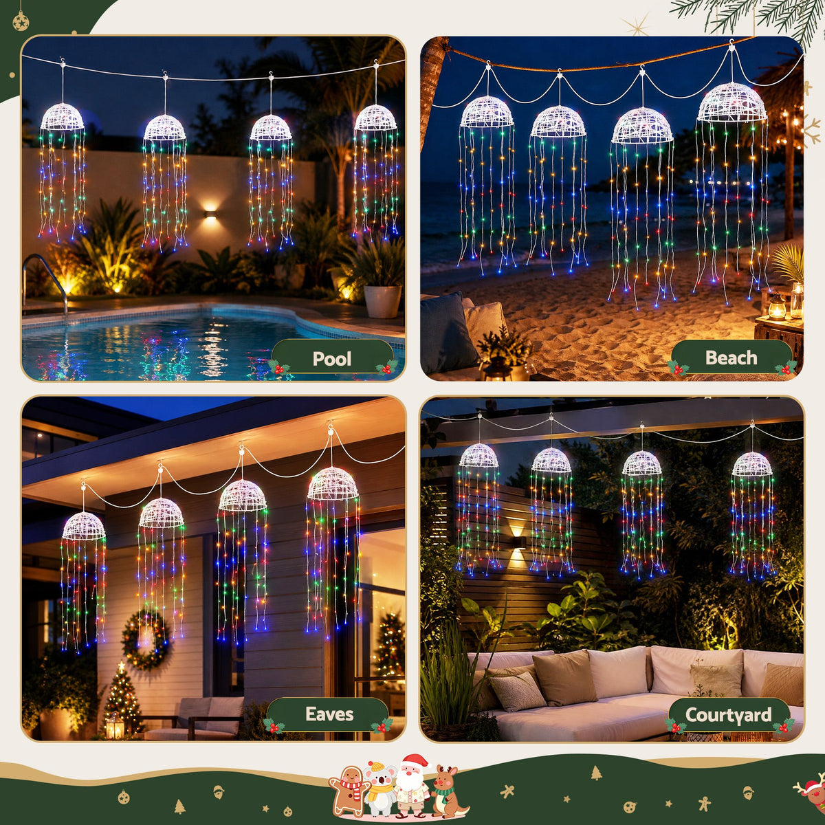 Collage showing four solar jellyfish string lights with multicolor LED tentacles