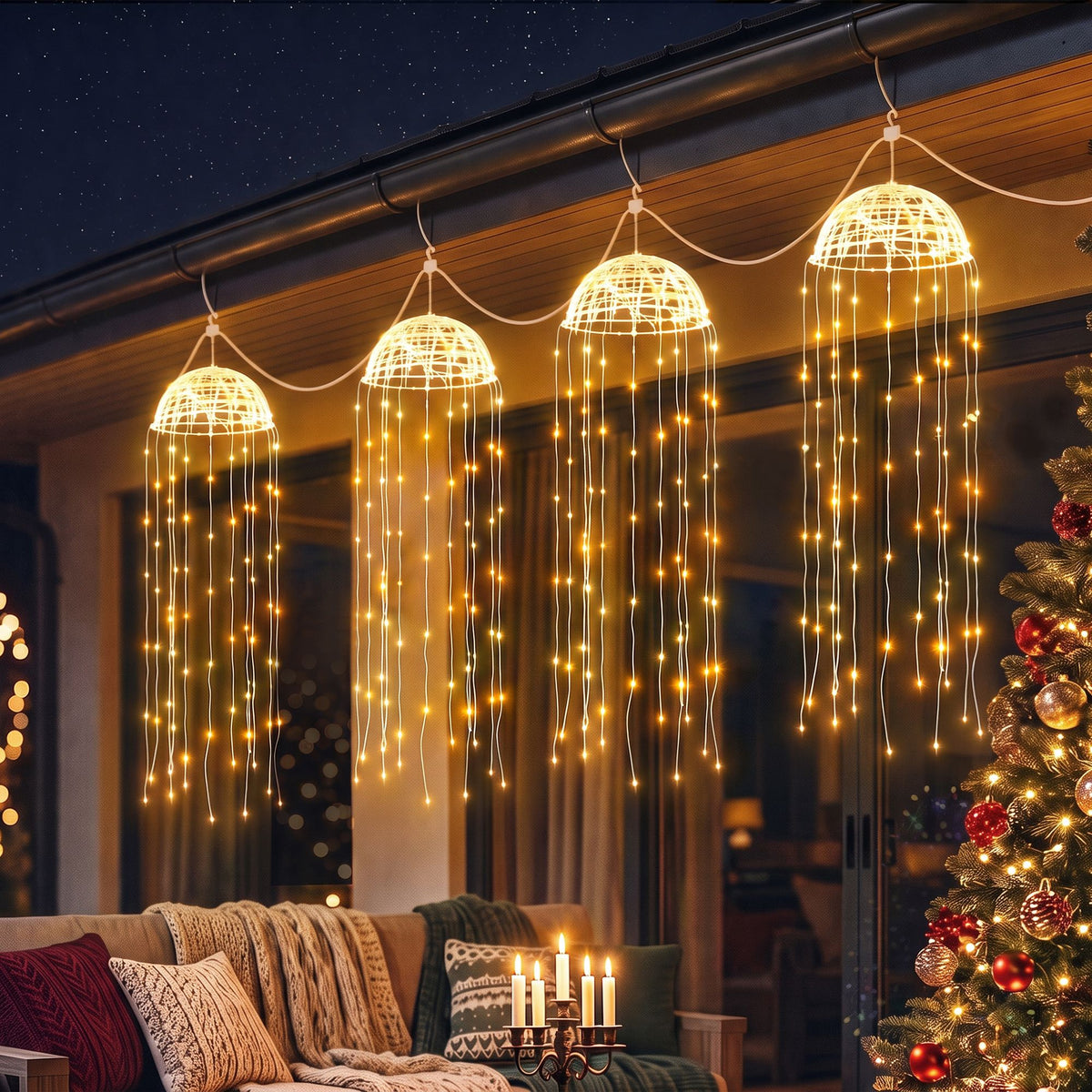 Warm white solar jellyfish lights hanging along a porch eave with a small solar panel