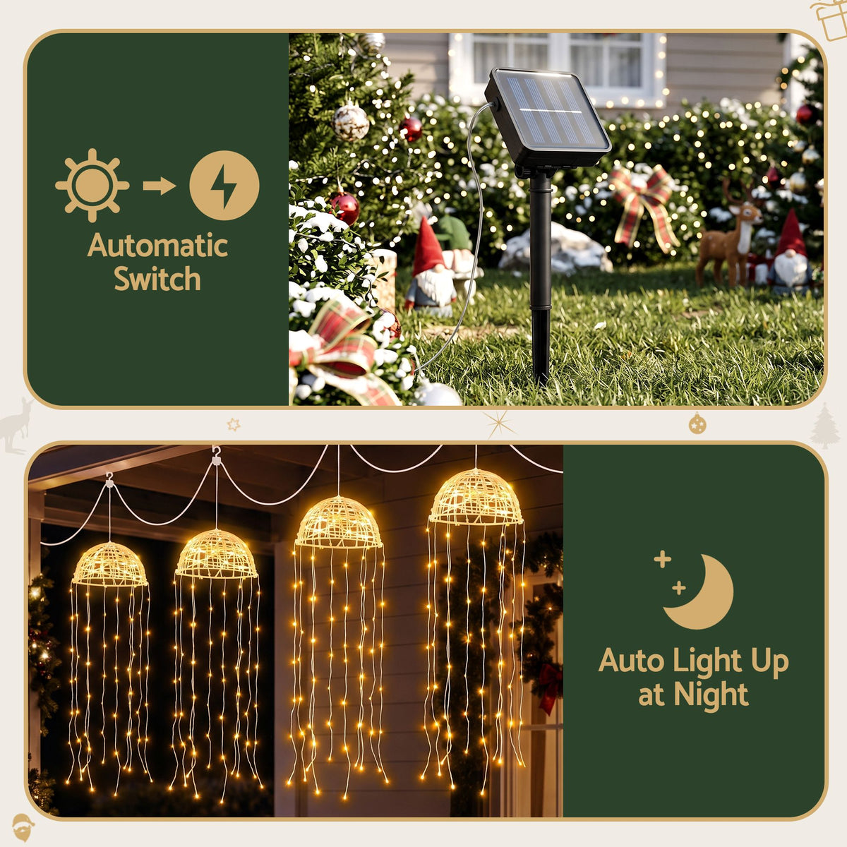 Solar jellyfish string lights with solar panel and auto night light-up feature