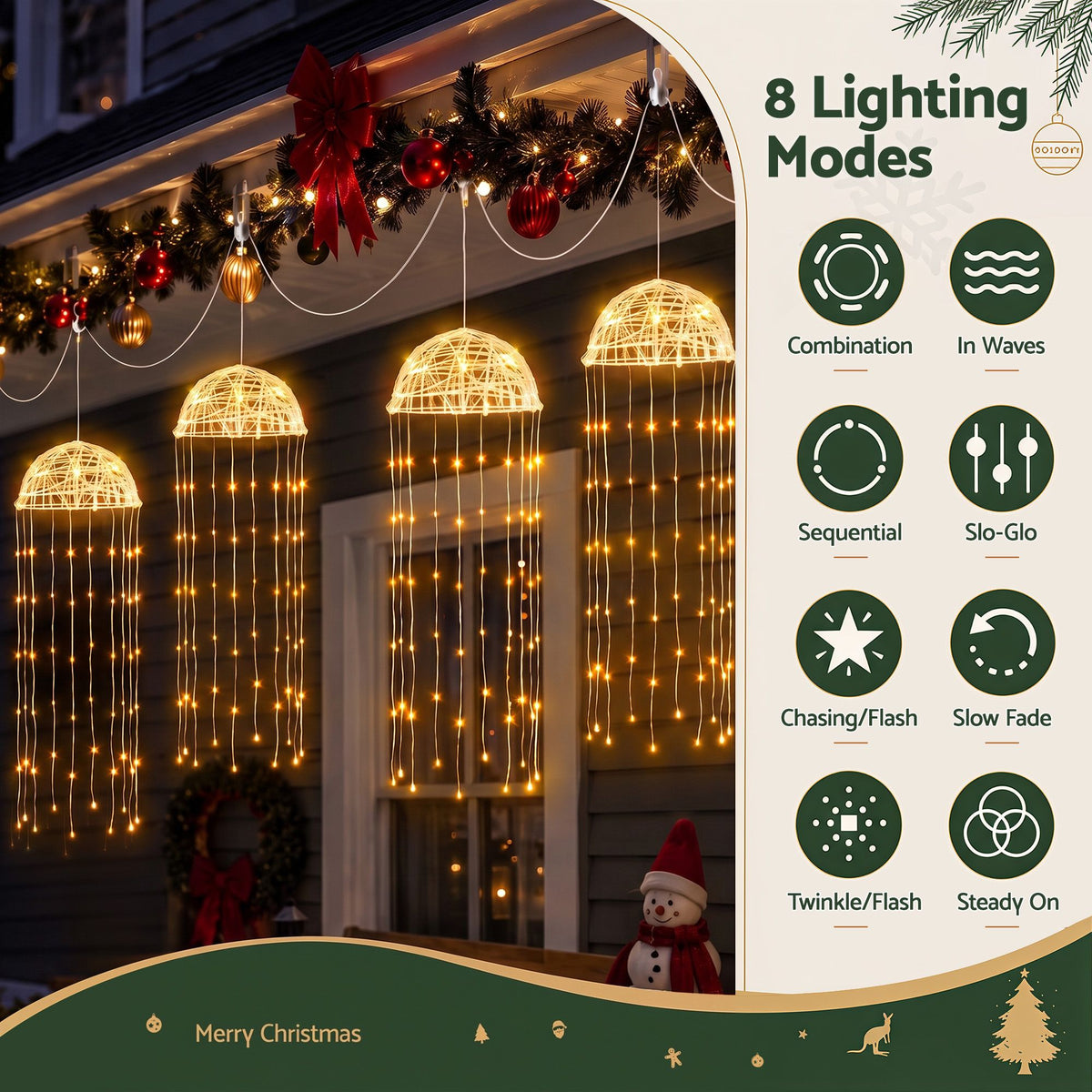 Outdoor solar jellyfish string lights with dome lanterns and multiple lighting mode options