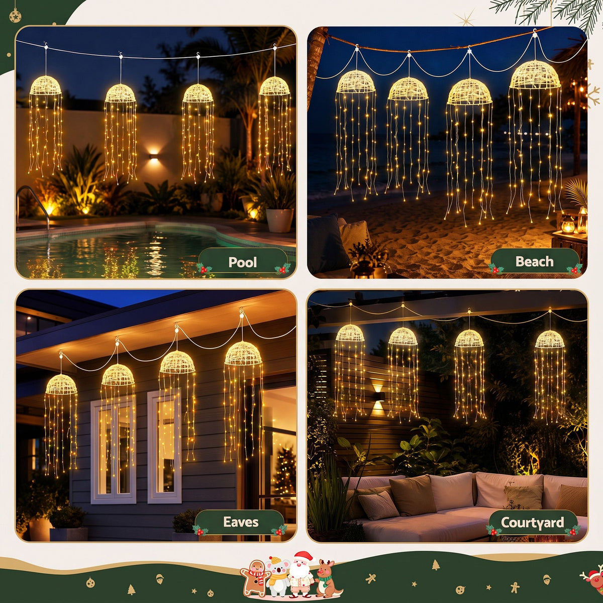 Solar jellyfish string lights shown for outdoor pool, beach, eaves, and courtyard displays
