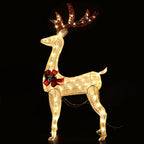 Lighted gold reindeer decoration with red bow, glitter antlers and legs, standing