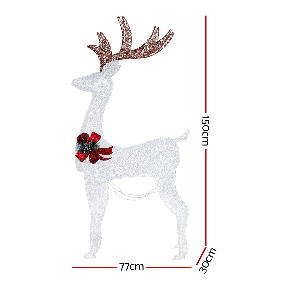 White lighted reindeer decoration with red bow, 150cm tall, 77cm long