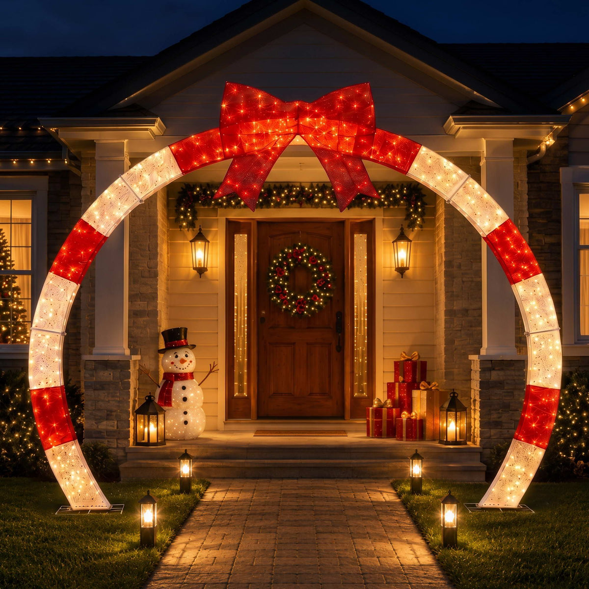 Warm white LED outdoor Christmas archway decoration with red bow and curved light frame