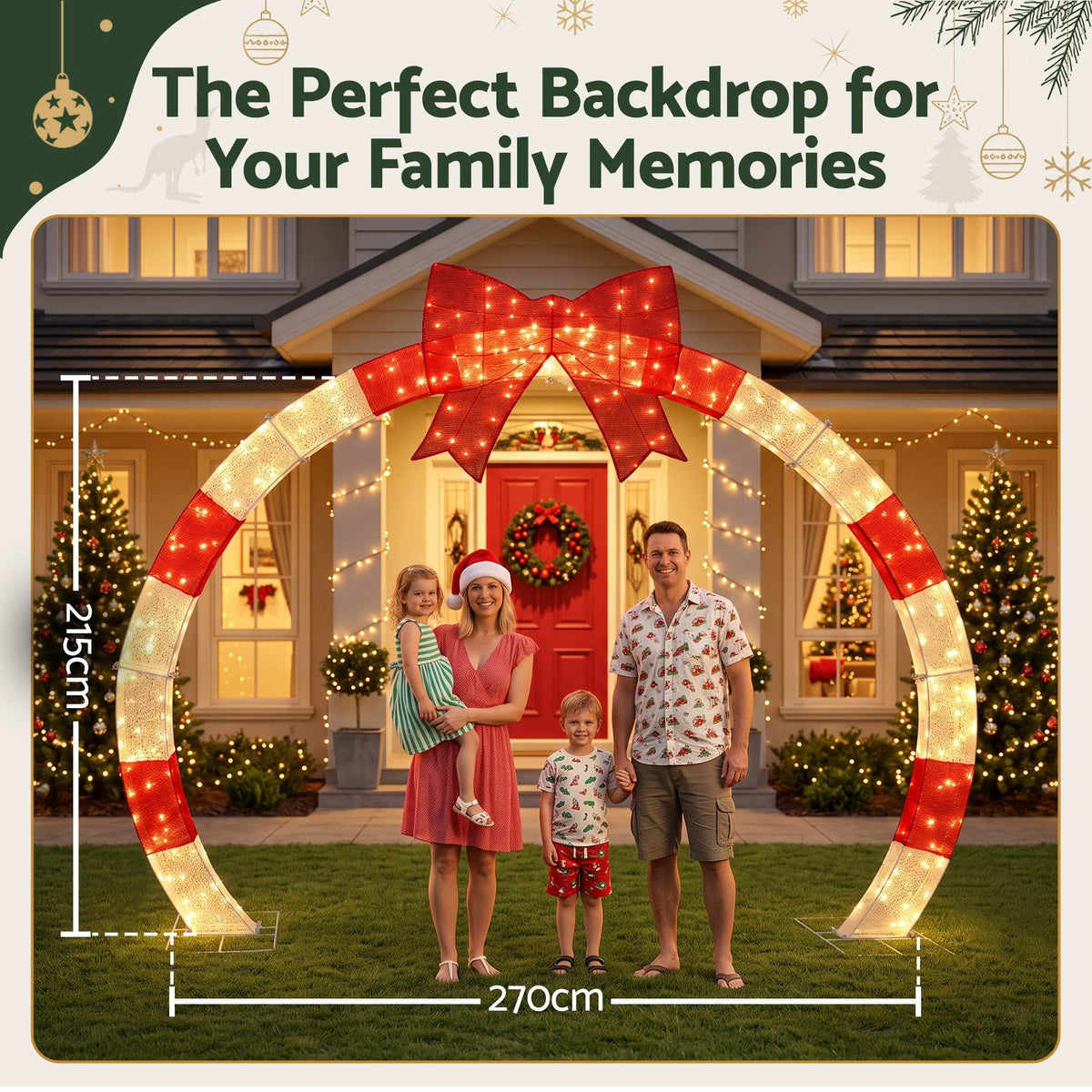 Warm white LED Christmas archway with red bow, arched light frame, outdoor use