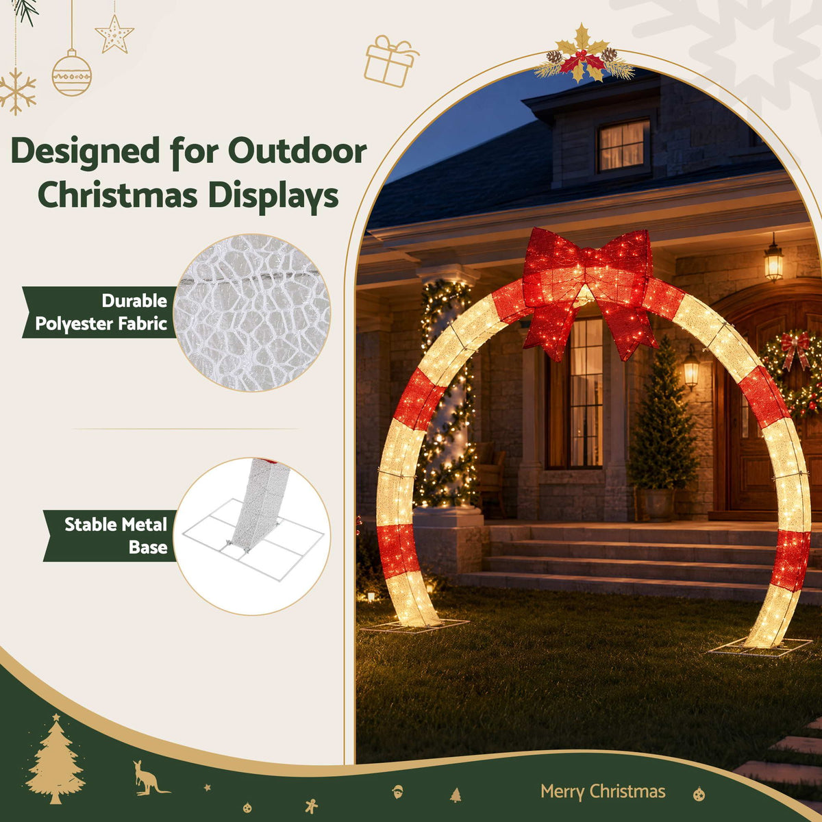 Outdoor Christmas archway decoration with warm white LEDs and red bow over metal base