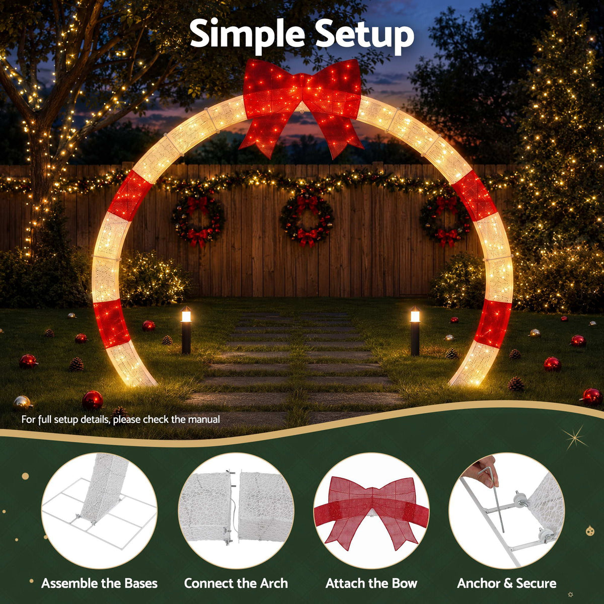 Pre-lit Christmas arch with warm white lights and red LED bow for outdoor yard display