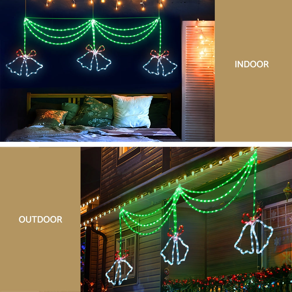 Green LED curtain light with three illuminated bell-bow motifs for indoor or outdoor use