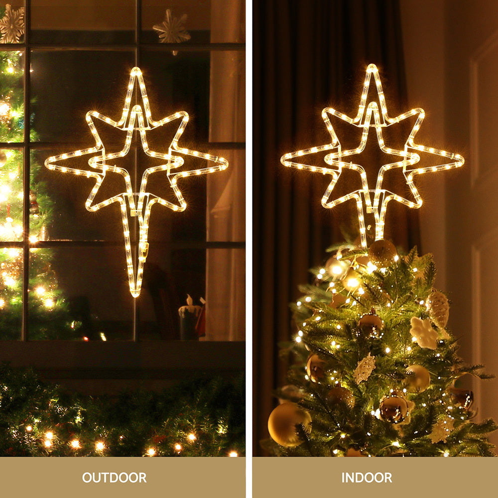 Warm-white LED Bethlehem star decoration hanging with clear tube light frame