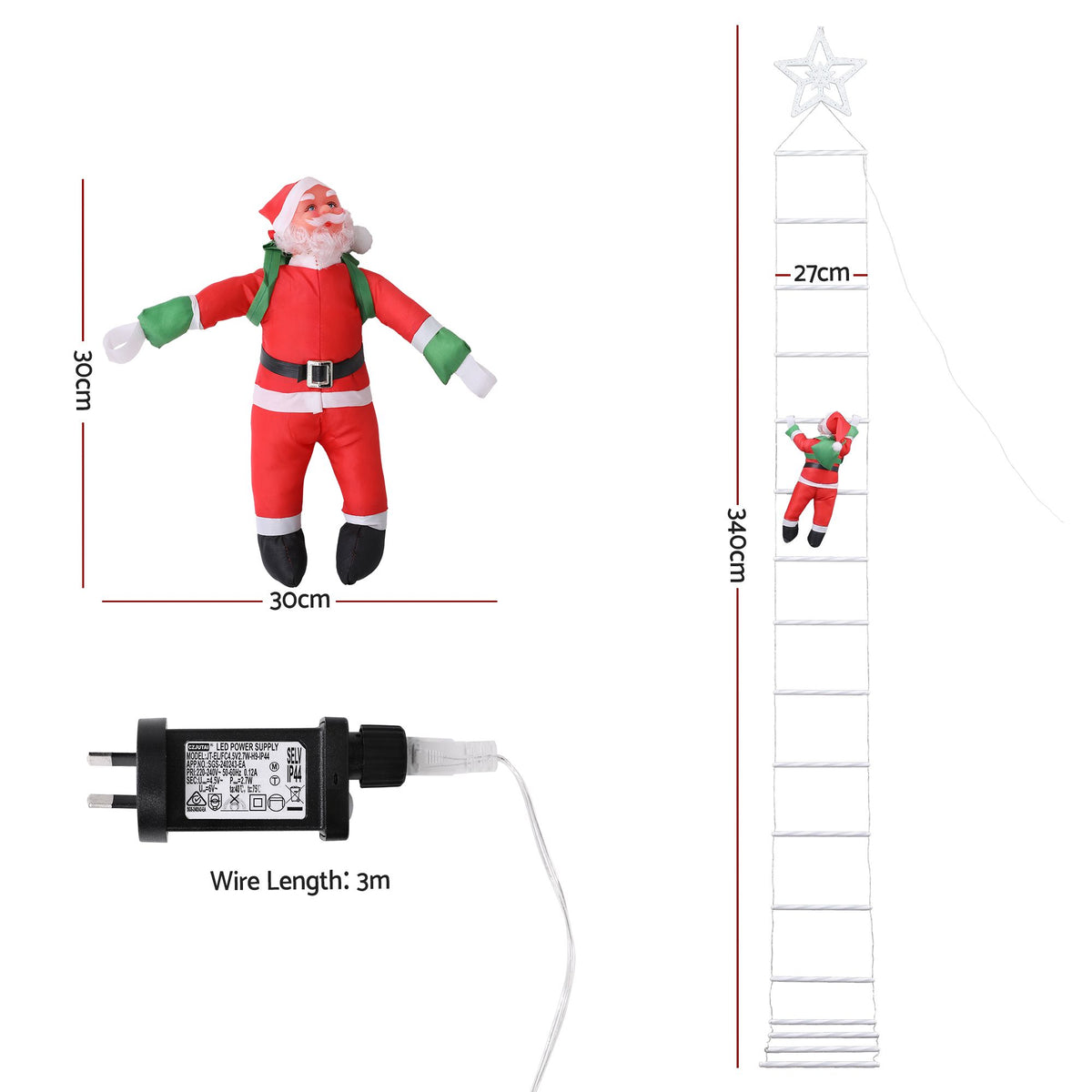 Hanging LED ladder light set with Santa figure, star topper, and 3 m wire