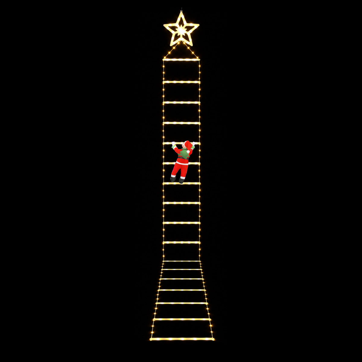 Warm white LED Christmas ladder lights with star top and Santa on the rungs