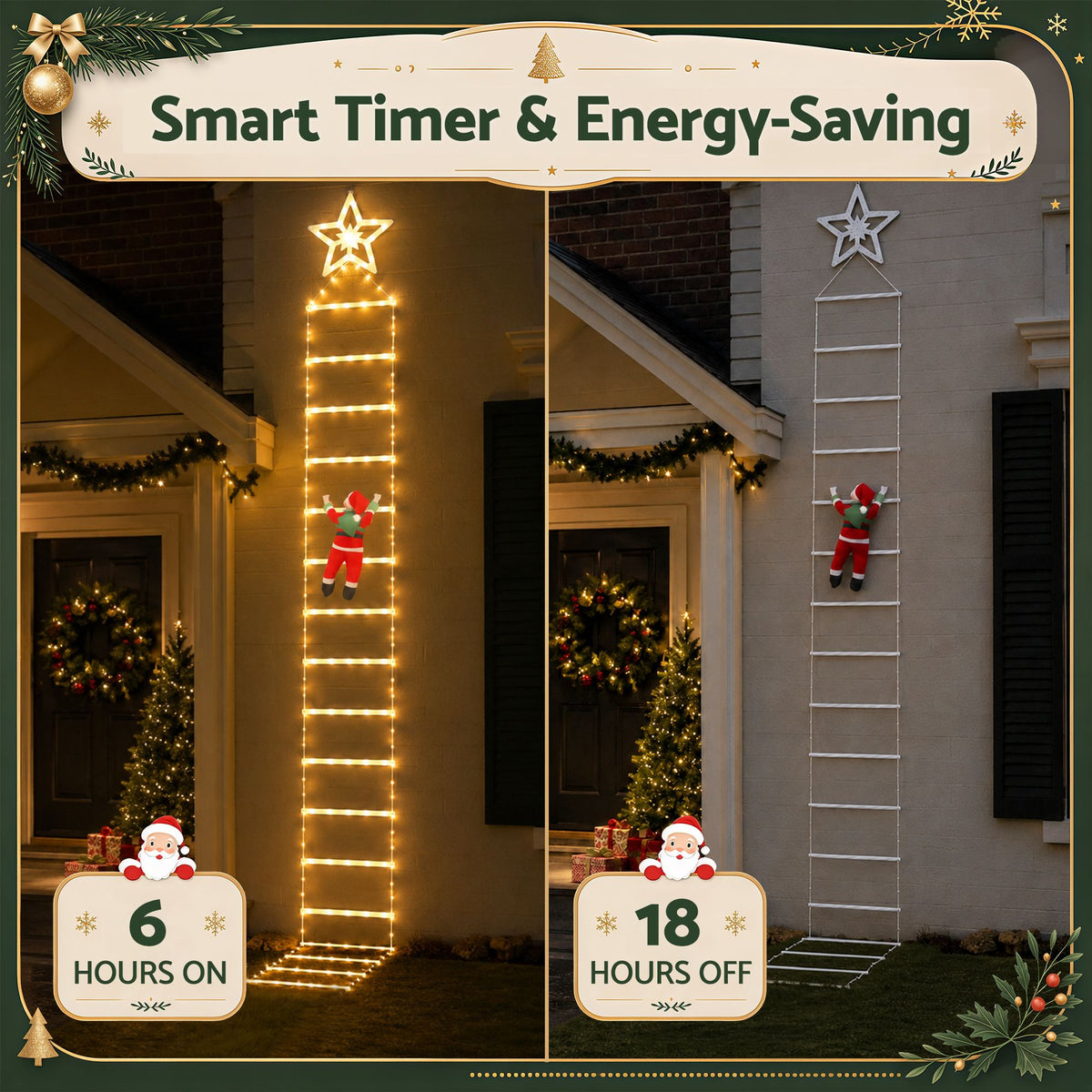 Outdoor Christmas ladder light set with warm white LEDs and Santa figure