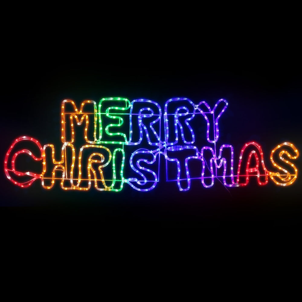 Multicolor LED rope light 'MERRY CHRISTMAS' motif outline, glowing letters