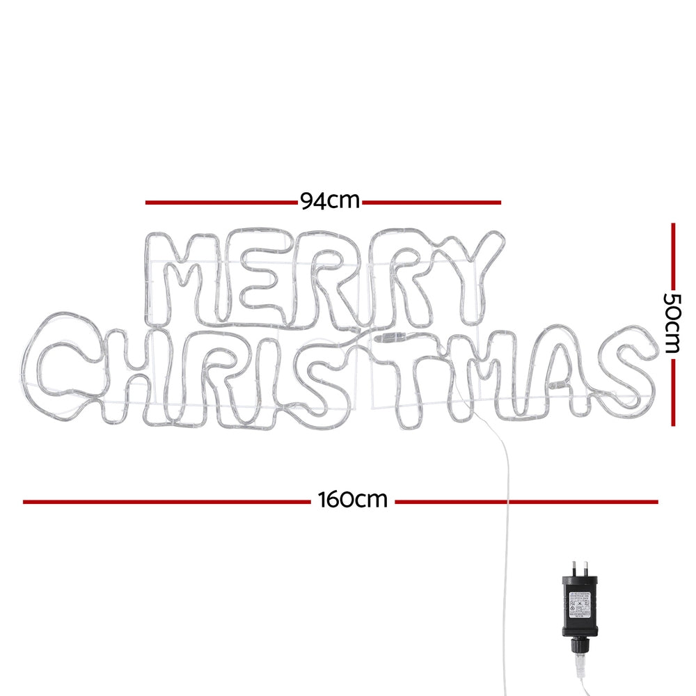 White LED rope light 'MERRY CHRISTMAS' motif outline with power adapter and cord