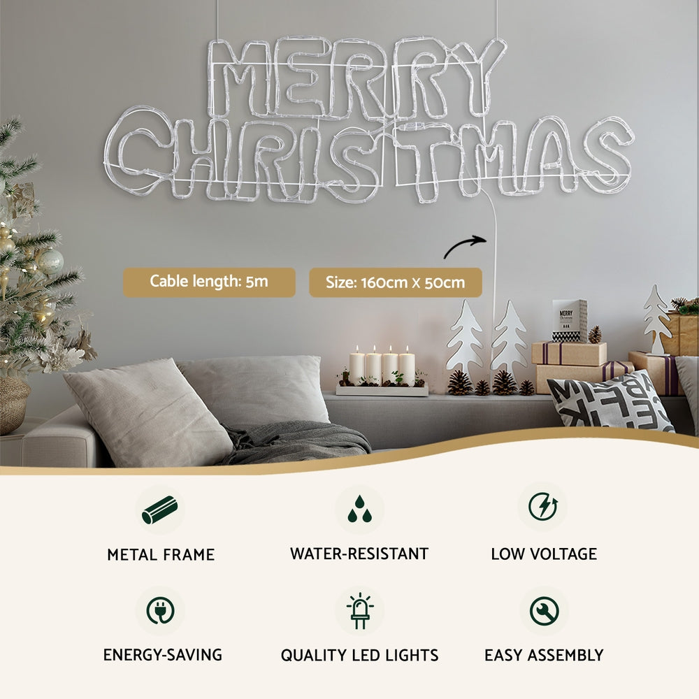 White LED rope light 'MERRY CHRISTMAS' motif outline with soft white illumination