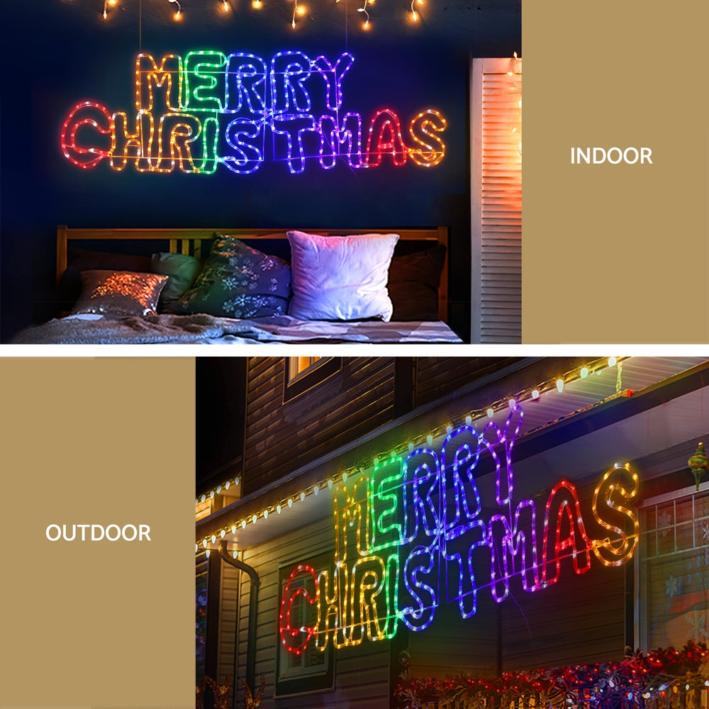 Multicolor LED rope light 'MERRY CHRISTMAS' motif, glowing on front display