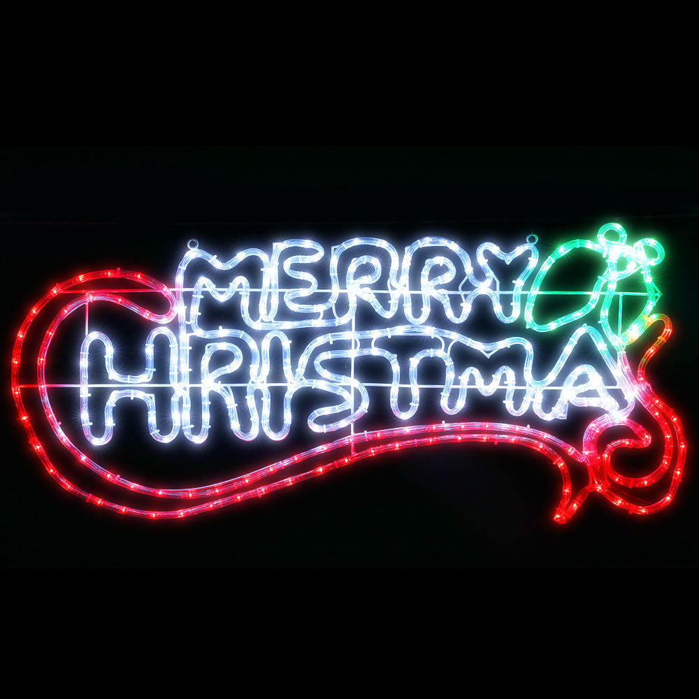 Multicolor LED rope light Merry Christmas sign with red, green, and blue glowing outline