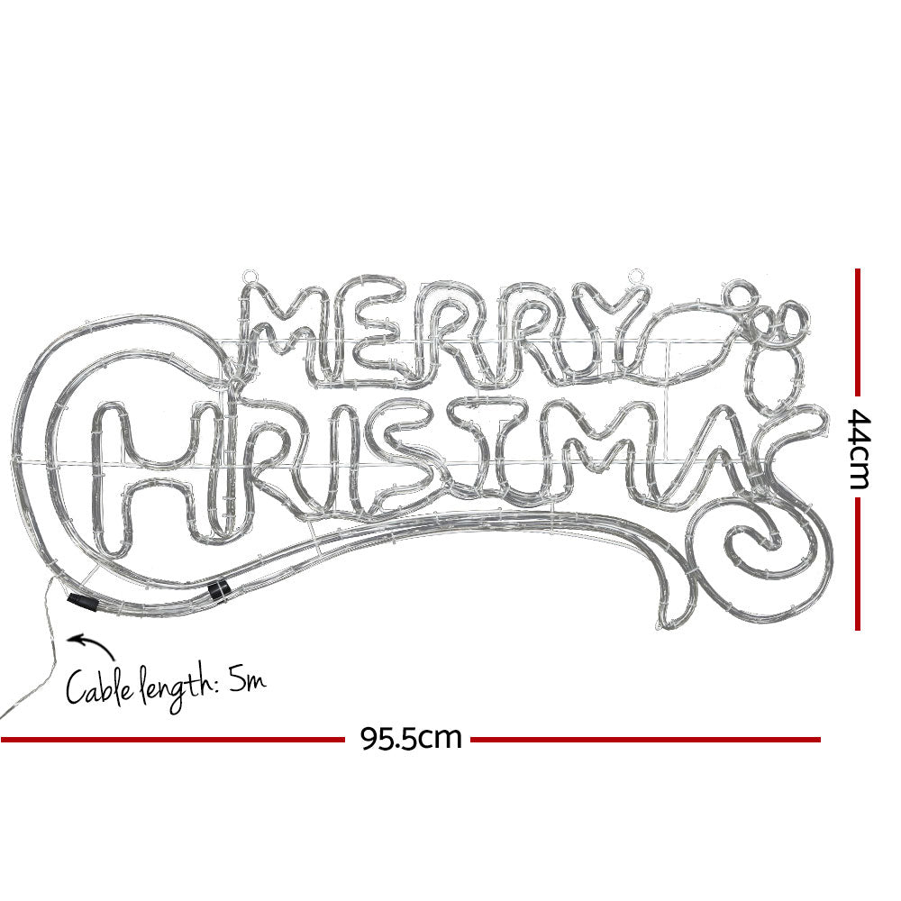 White wire frame Merry Christmas LED rope light with cable length and size markings