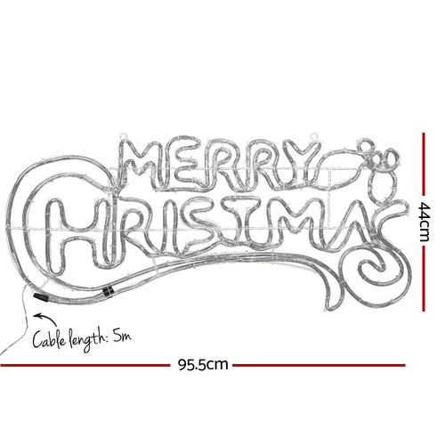 White wire frame Merry Christmas LED rope light with cable length and size markings