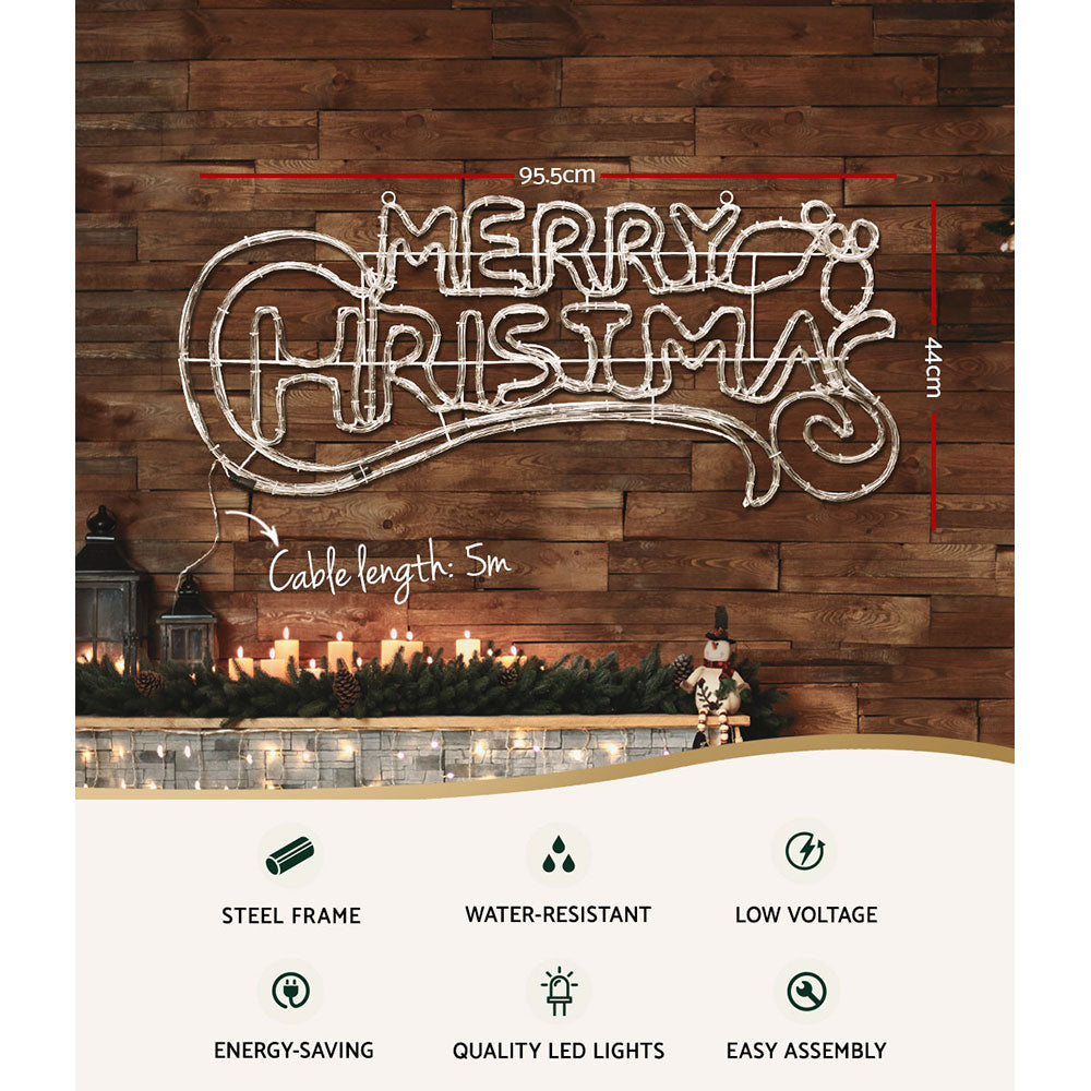 Merry Christmas LED rope light sign, white cable, 95.5cm length and 44cm height
