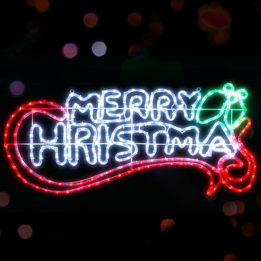 Glowing multicolor Merry Christmas LED rope light sign with red, green, and blue outline