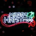 Glowing multicolor Merry Christmas LED rope light sign with red, green, and blue outline