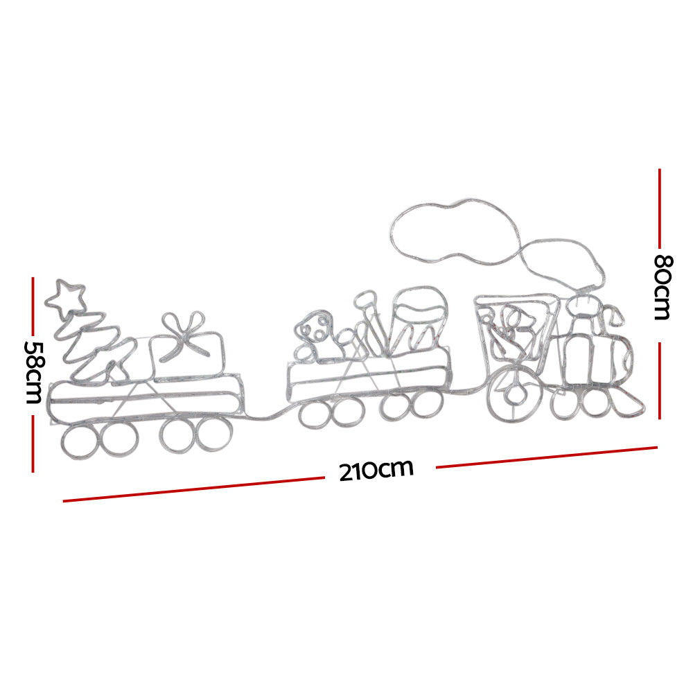 White outline LED train decoration on wire frame, 210cm long, 80cm high
