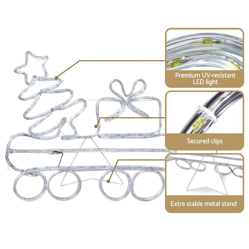 LED train light set with clear tubing, metal frame, and secured mounting clips
