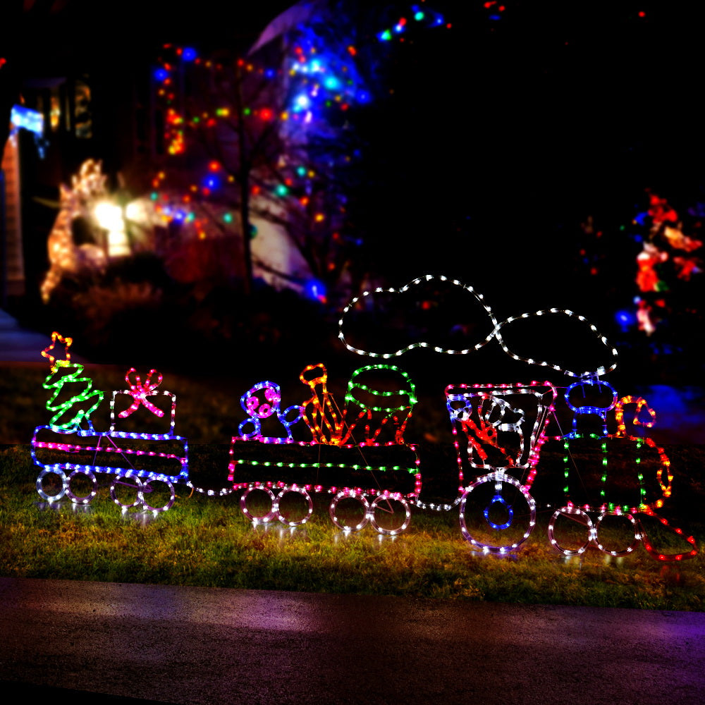 Outdoor multi-color LED train decoration with illuminated locomotive and carriages