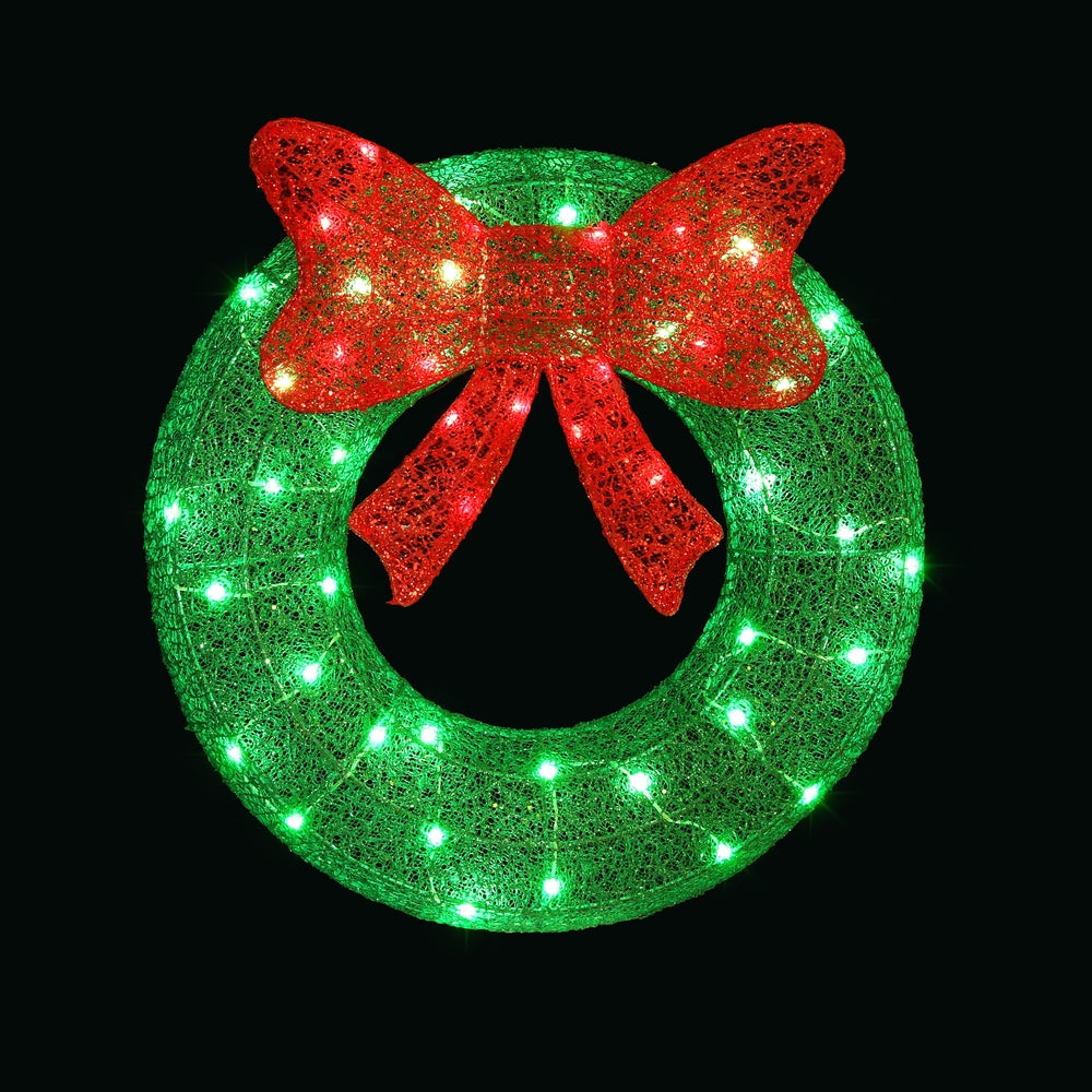 Lighted Christmas wreath with red glitter bow and green mesh frame, solar LED lights