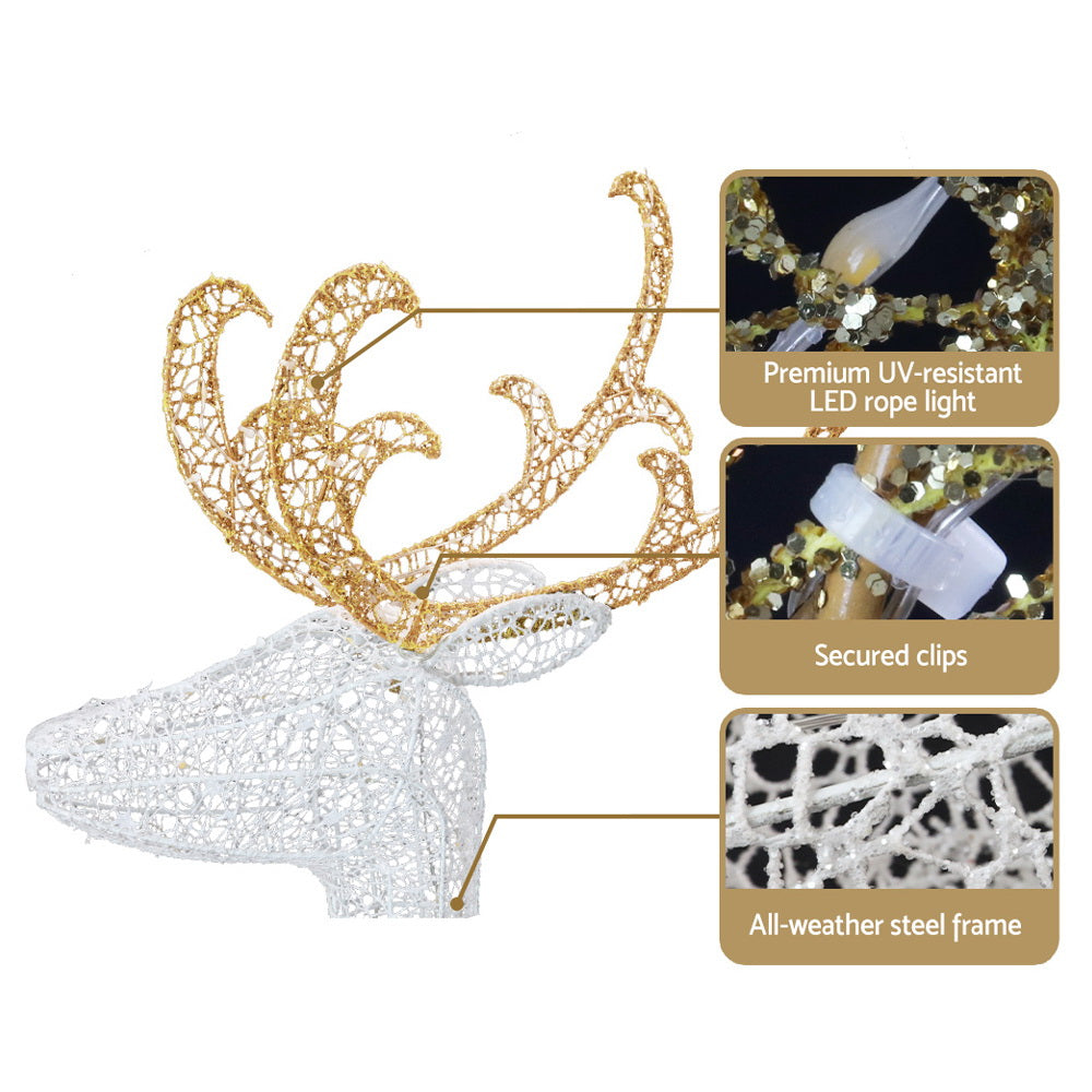 White glitter sleigh with gold reindeer frame, plus secured clips and all-weather steel frame