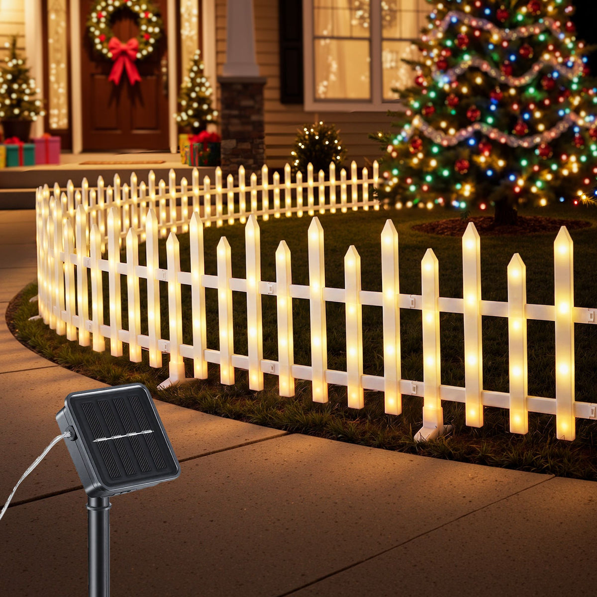 Warm white solar fence lights forming a glowing curved garden border