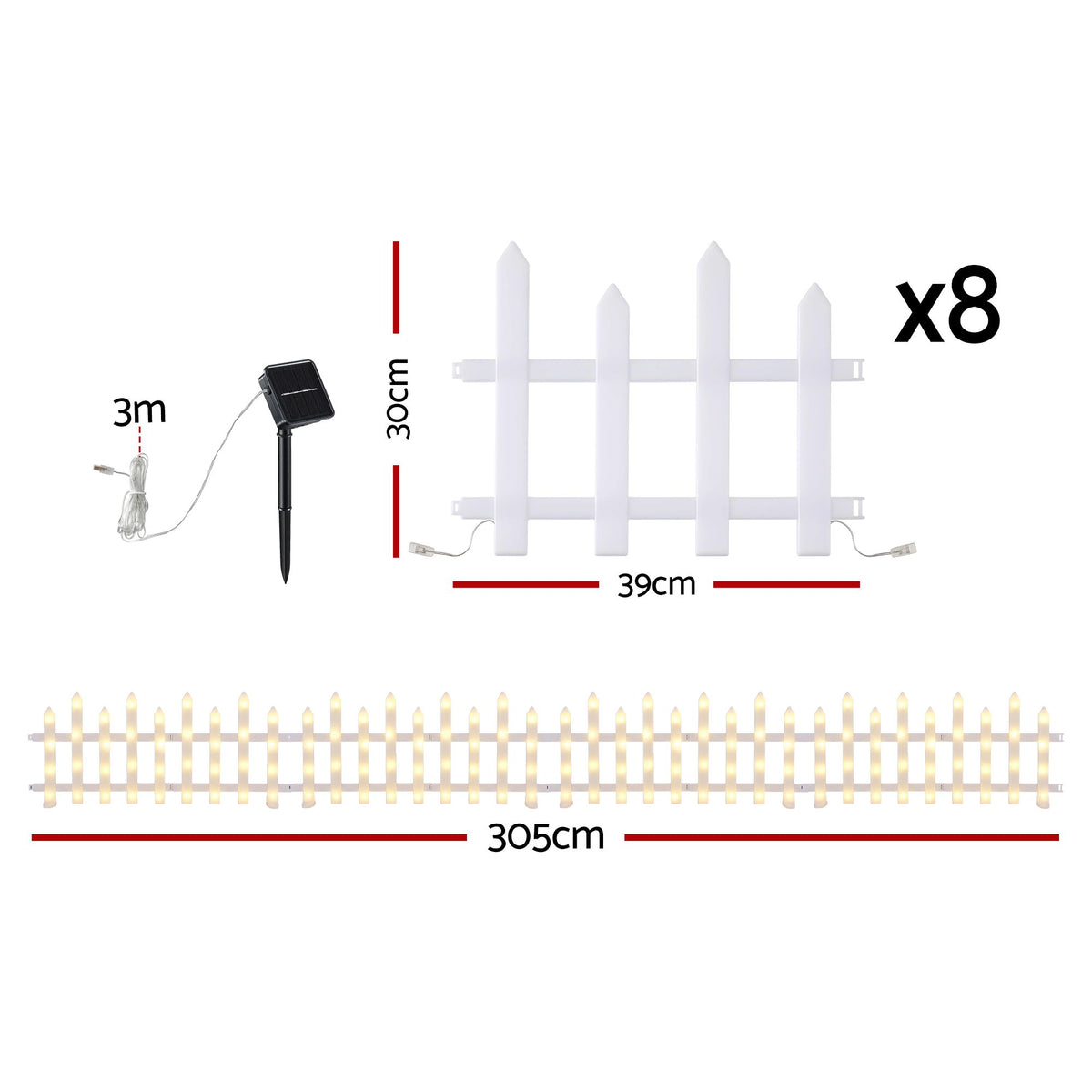Solar fence light set with 8 stakes and white picket-style light bars, size diagram