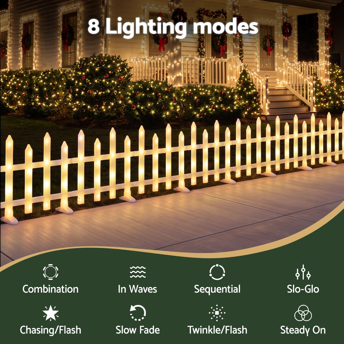Warm white solar fence lights along a walkway with multiple lighting modes shown