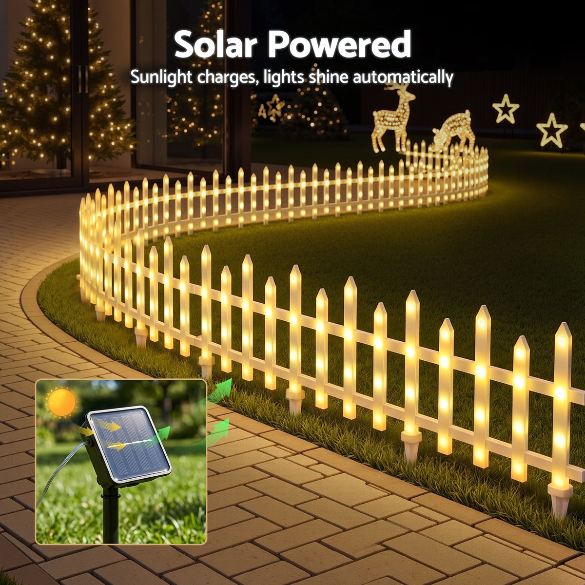 Solar fence lights with a small panel and warm white candle-like bulbs