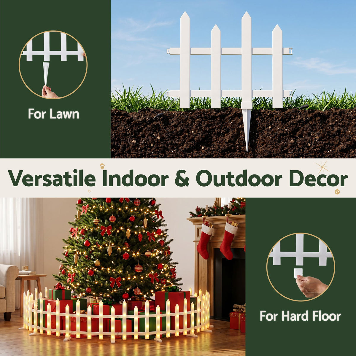 Solar fence light decor for lawn and hard floors, with white picket-style stakes
