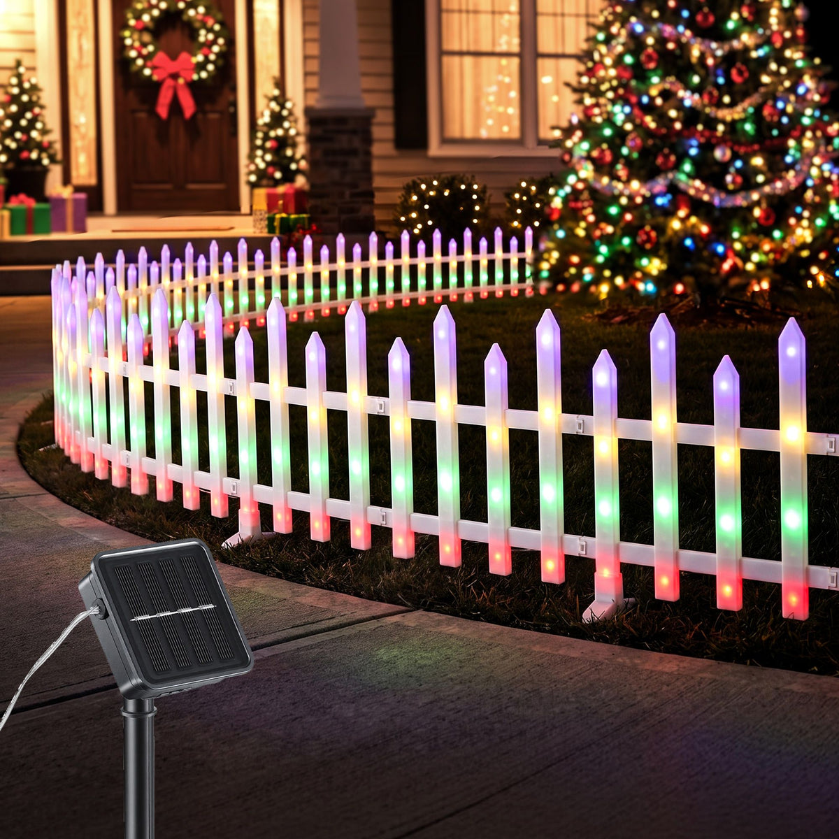 Multicolour solar LED fence lights with glowing white picket-style bulbs on stakes