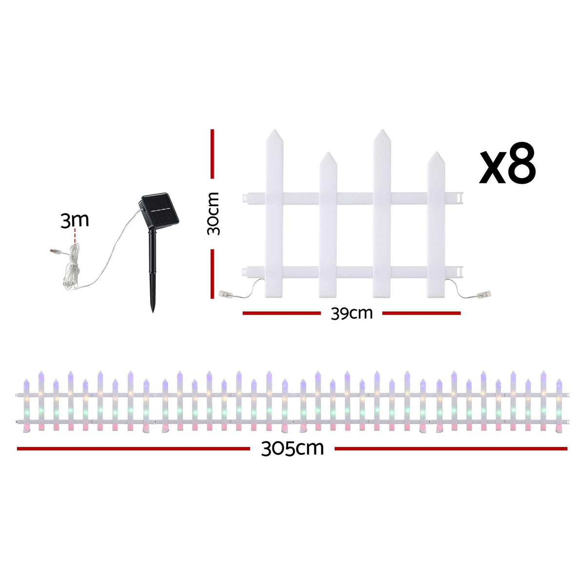 Set of 8 solar fence lights with white bulb covers and black solar panel stake