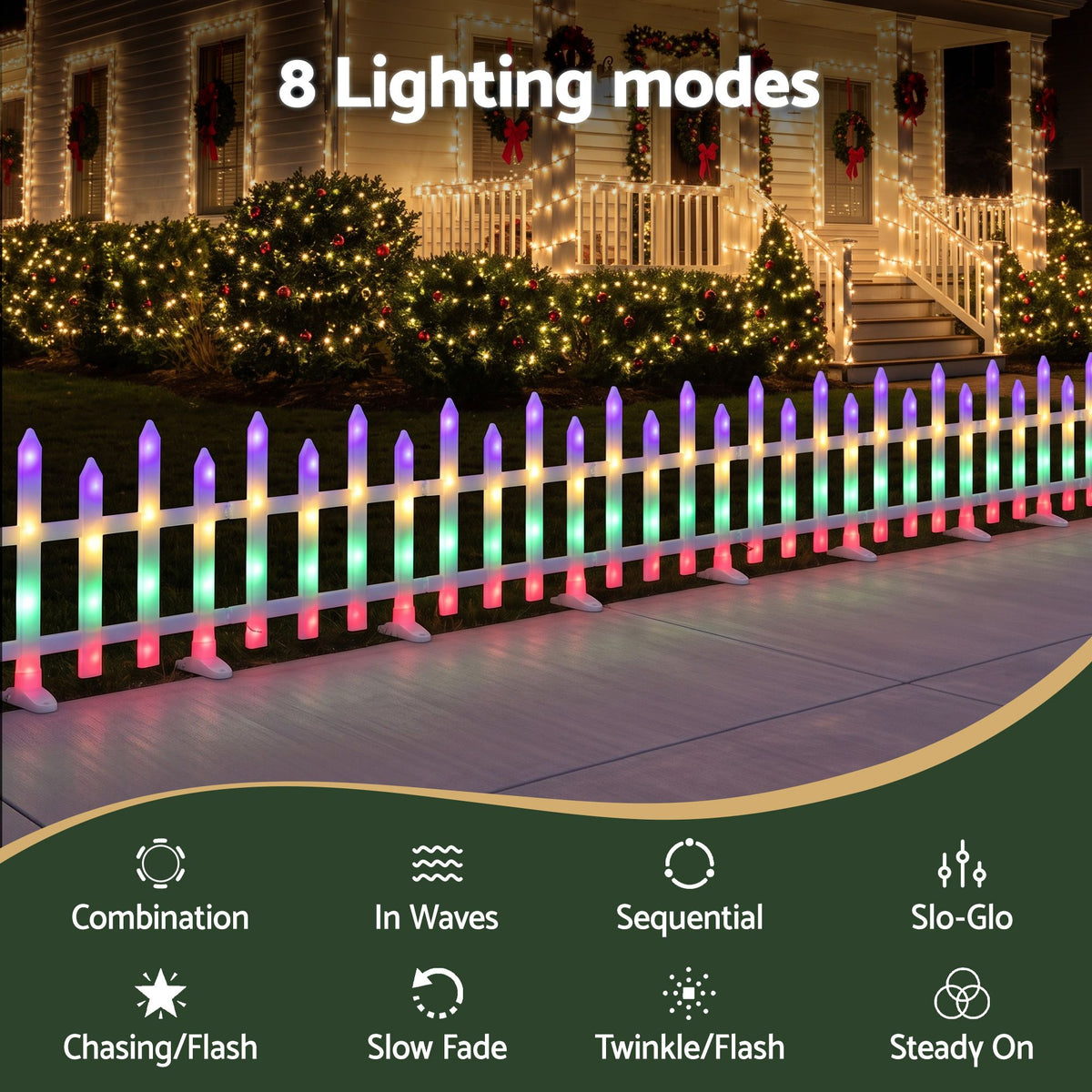 Solar outdoor fence light set glowing in multiple colors along a garden border