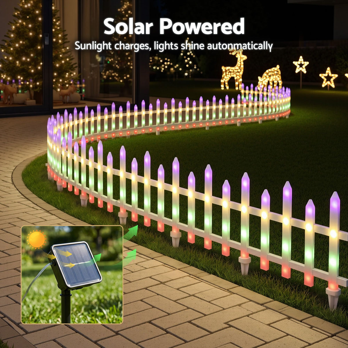 Solar powered multicolour LED fence lights with tall white bulbs and black stake