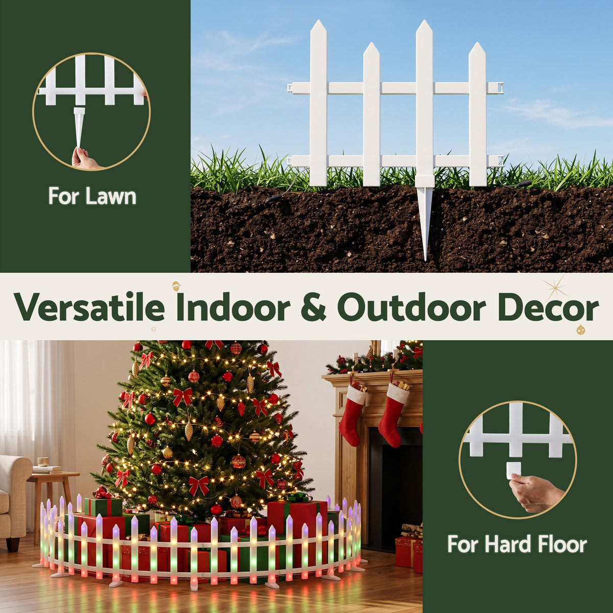 Solar fence light border set with white picket bulbs for lawn or patio placement