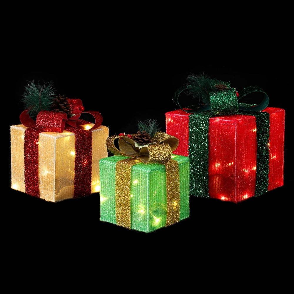 Christmas gift box lights set of three with warm white glowing fabric gift boxes